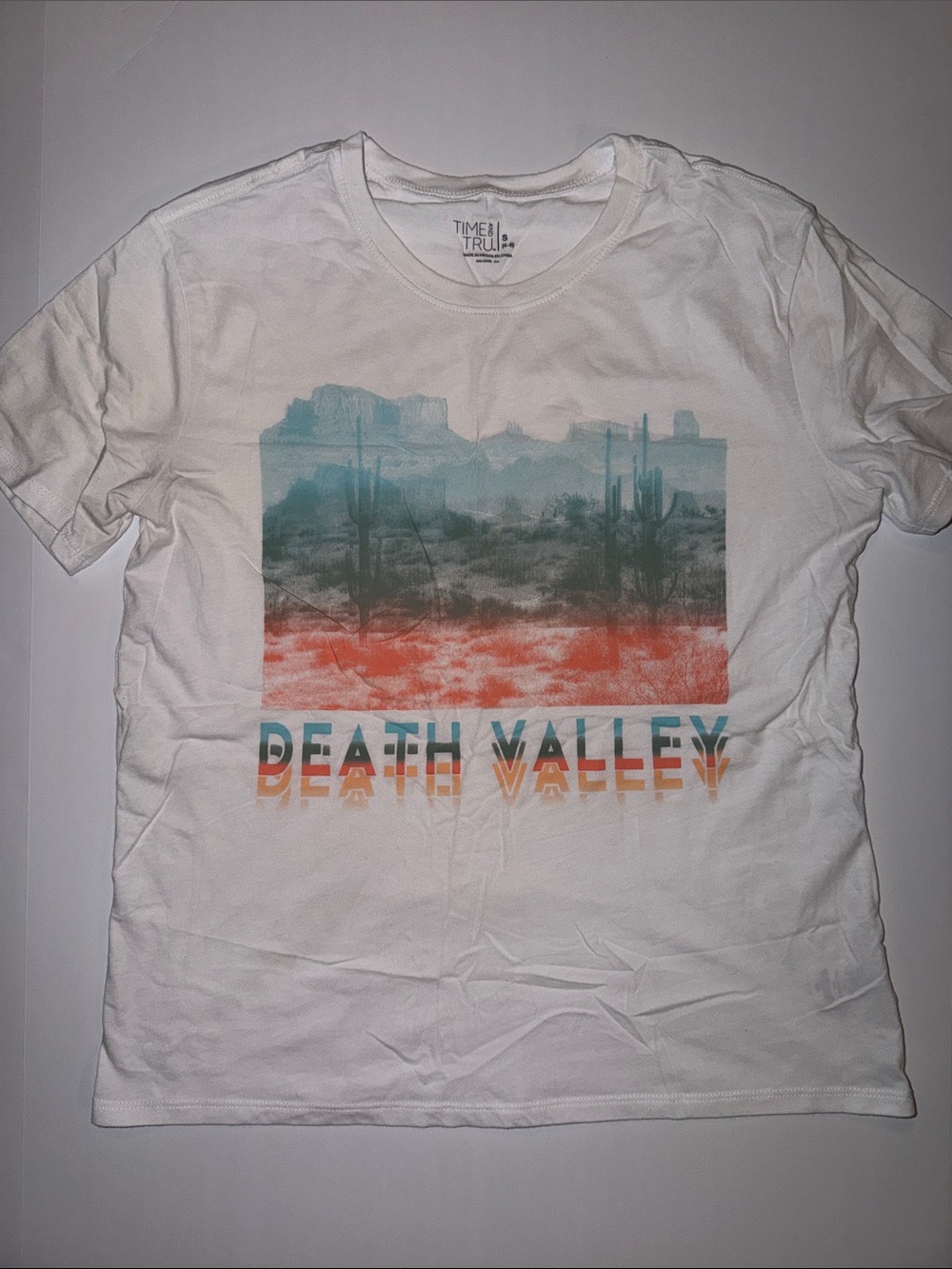 White Death Valley Graphic Tee with Teal & Orange Print